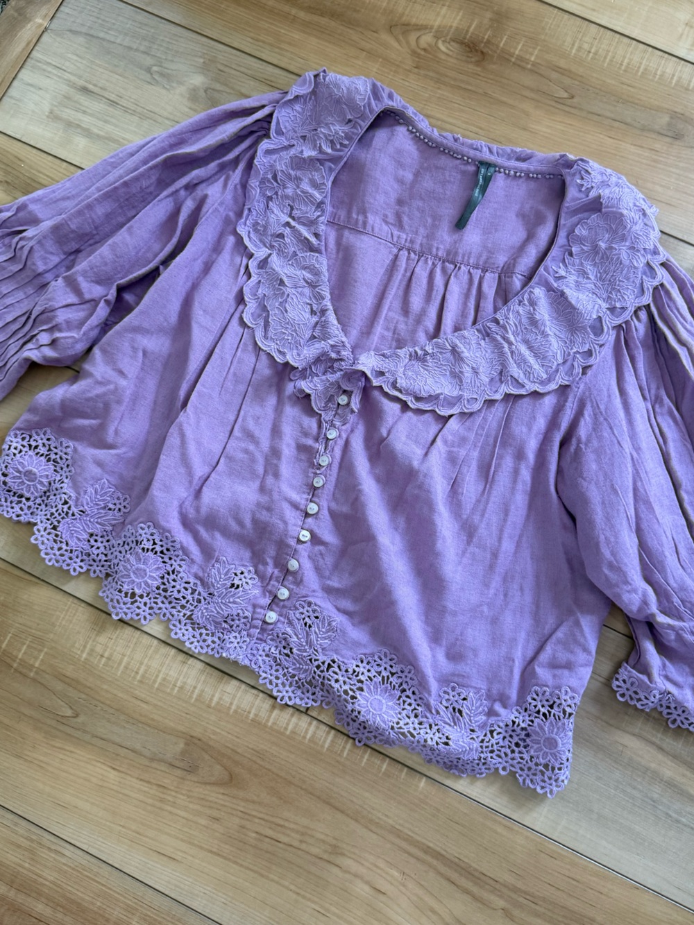 Anthropologie Lavender Peasant Top with Crochet Detail